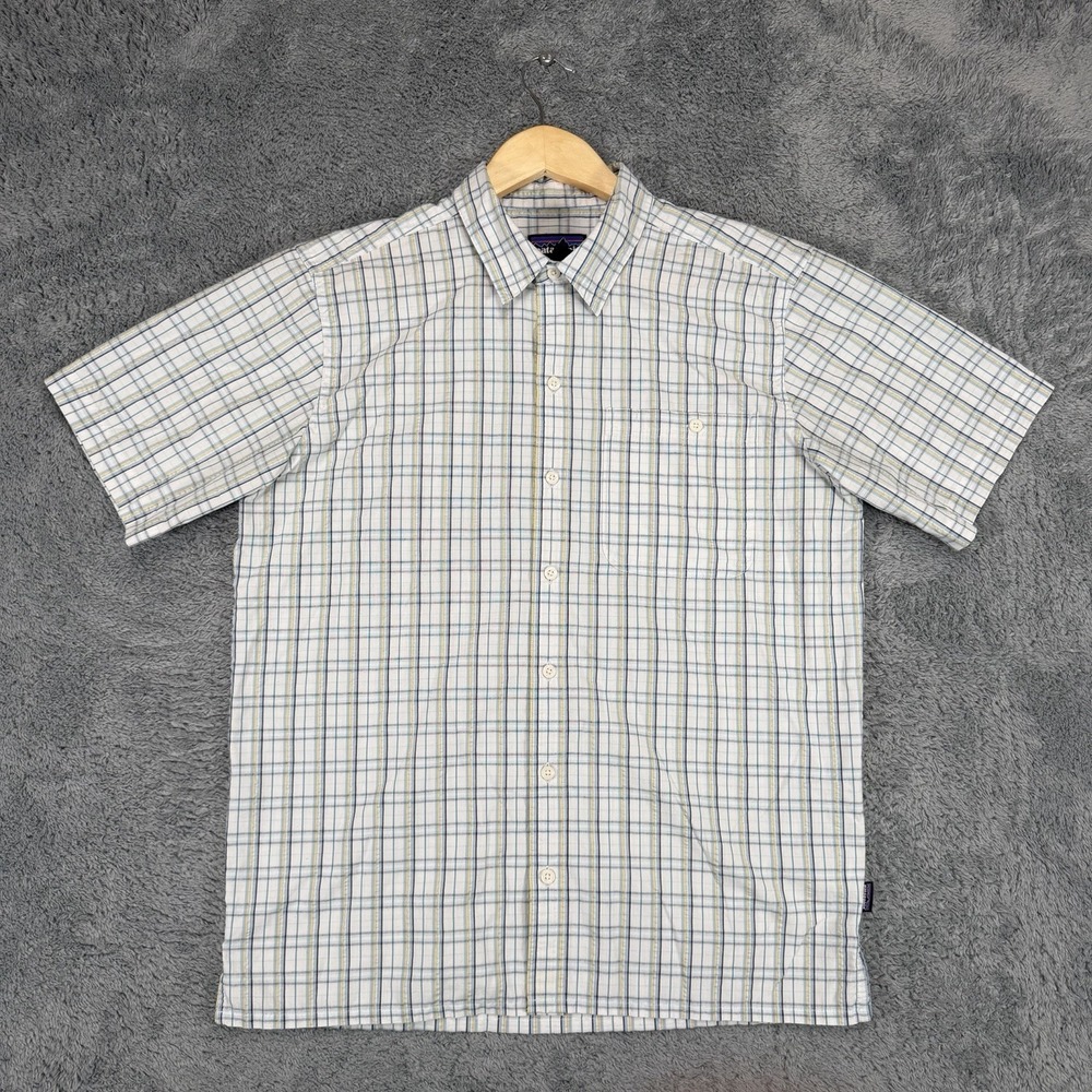 Patagonia Puckerware Shirt Mens M White Plaid Organic Cotton Blend Pocket Casual